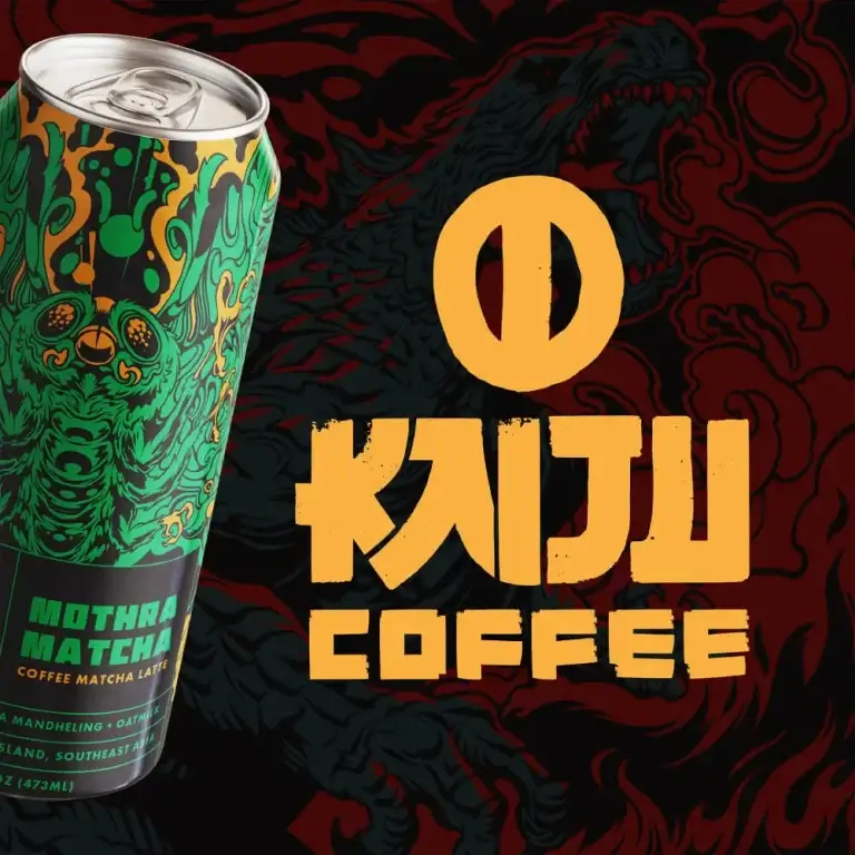 Kaiju Coffee can with Mothra Matcha flavor design.