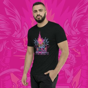 Man wearing black graphic t-shirt with pink background.