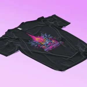 Black t-shirt with colorful graphic design on purple background.
