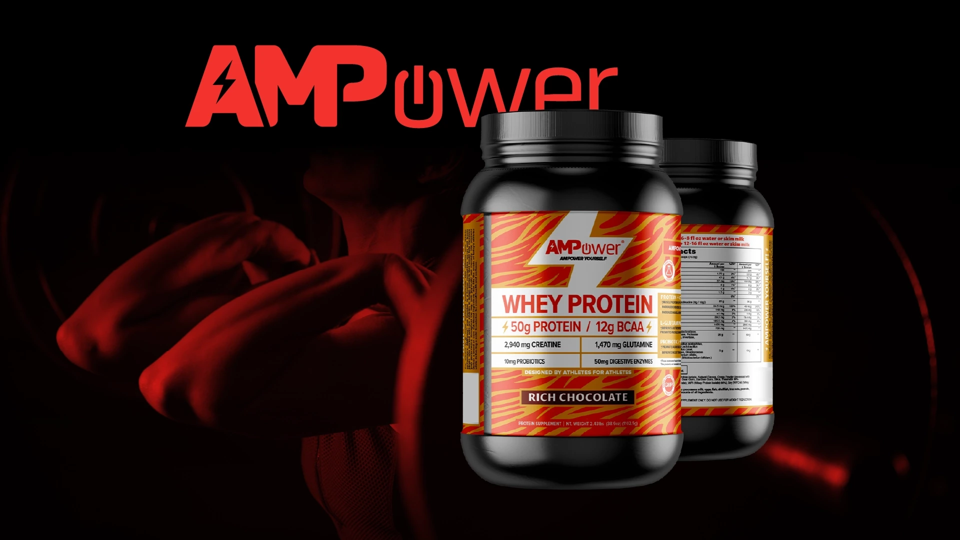 AMPuwver whey protein containers with nutrition details