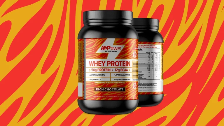Two jars of AMPower Whey Protein, rich chocolate flavor.