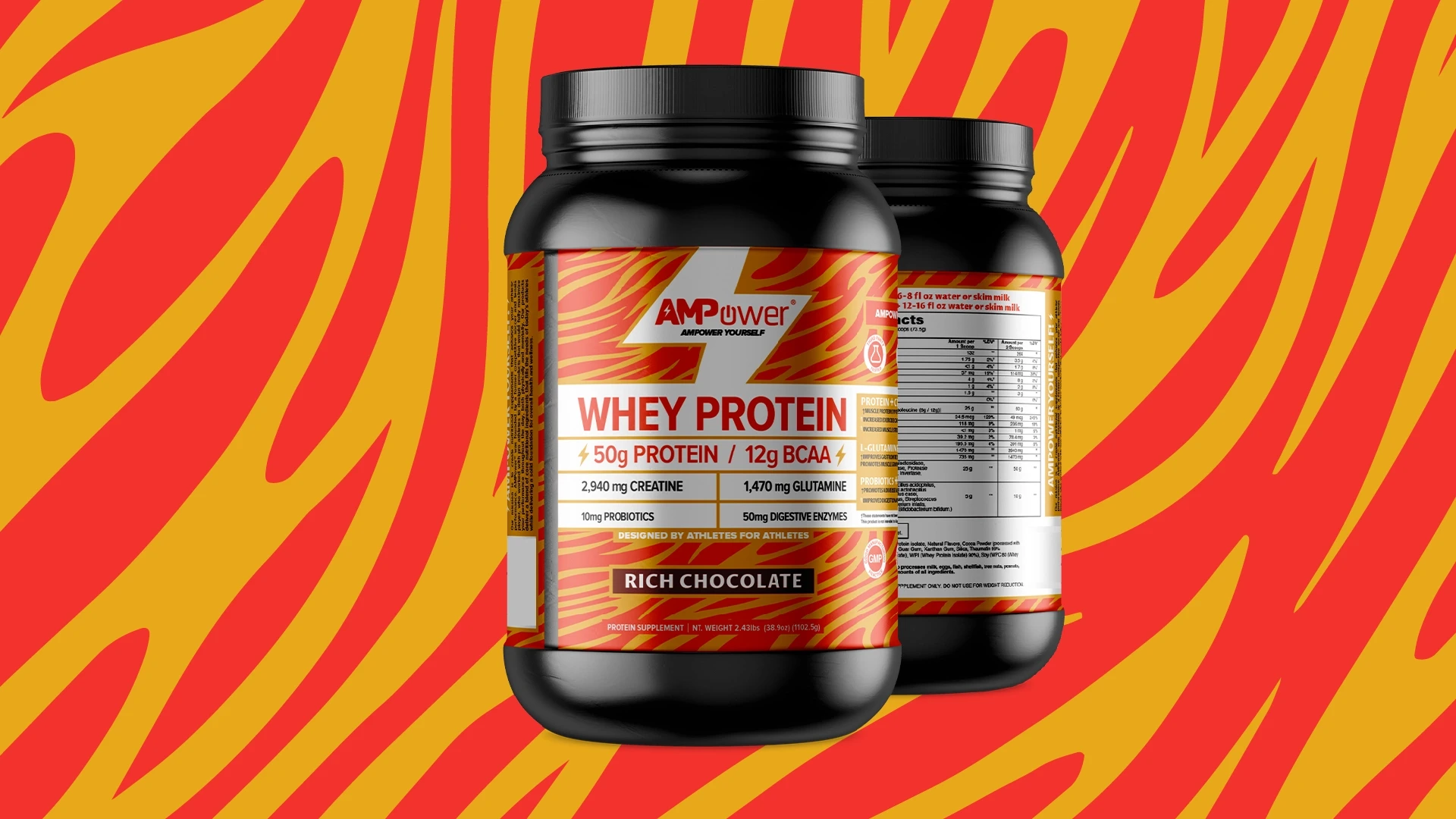 Two jars of AMPower Whey Protein, rich chocolate flavor.