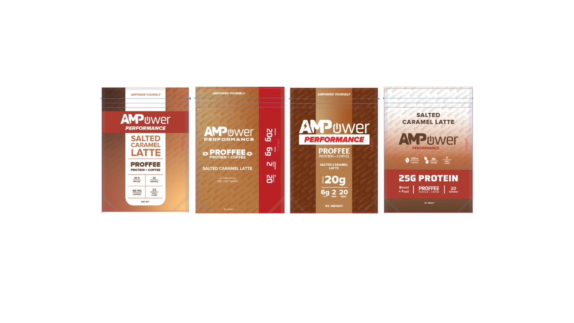Variety of AM Power protein coffee drinks in packaging