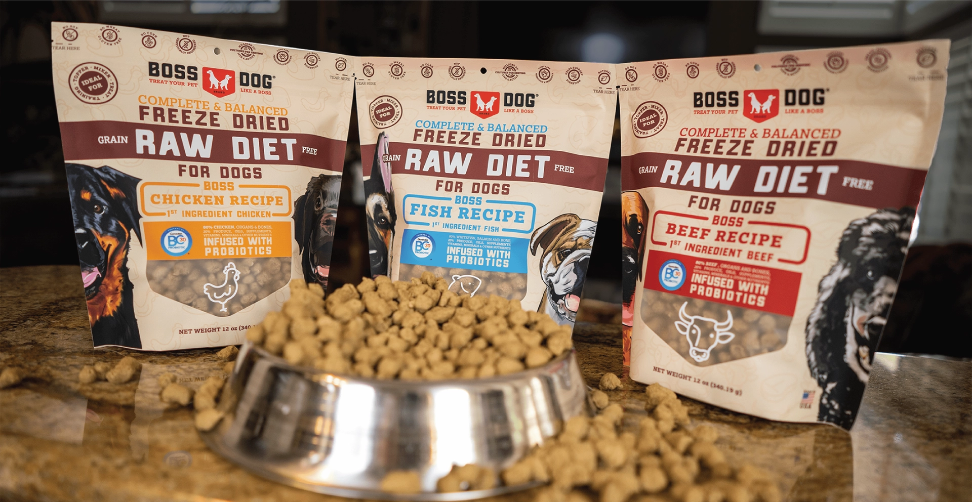 Boss Dog raw diet food bags with bowl