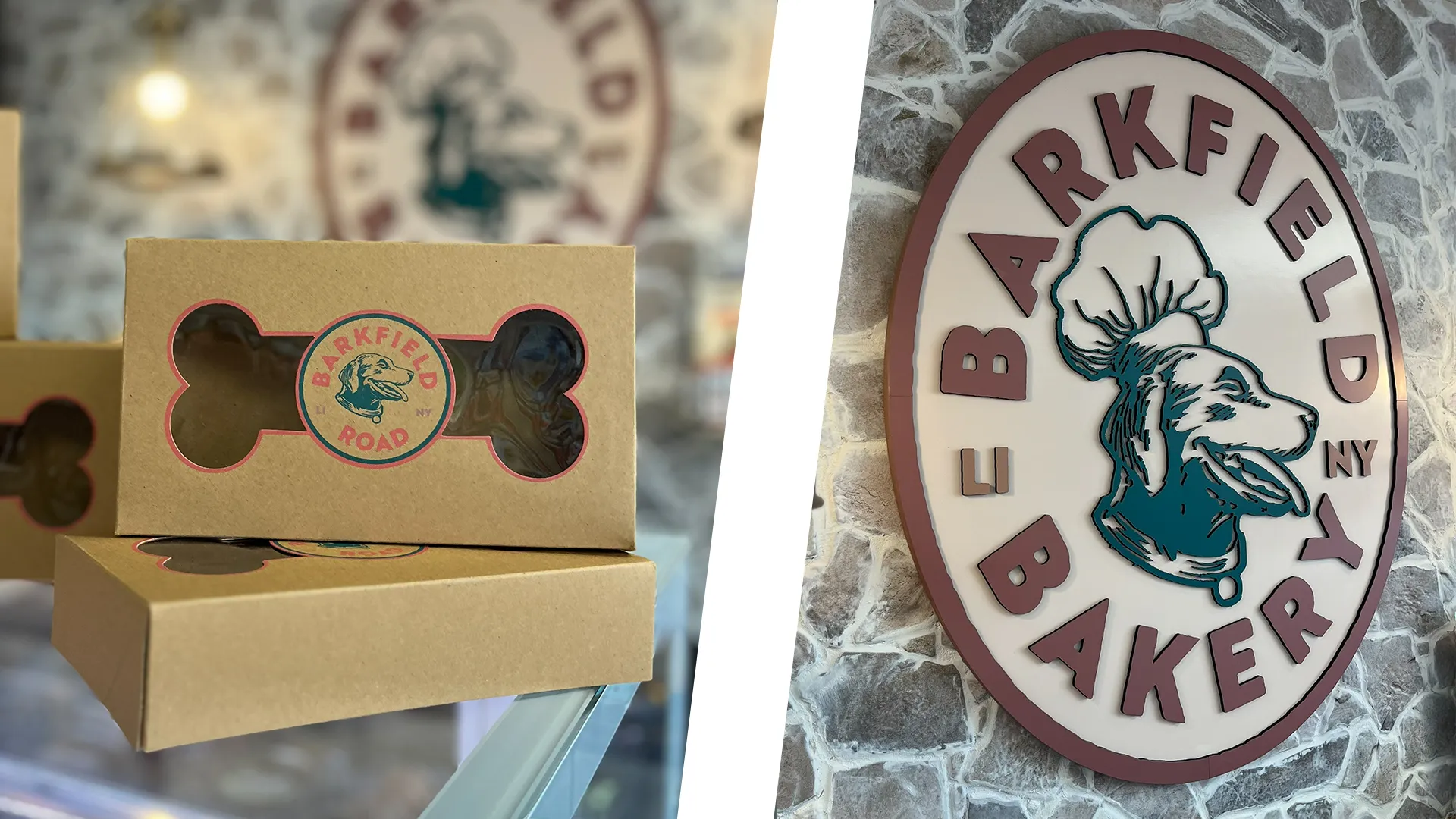 Barkfield Bakery dog treat packaging and logo sign.