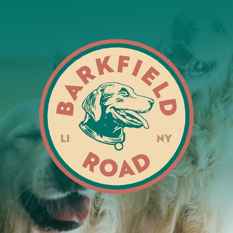 Barkfield Road LI NY dog brand logo on teal background