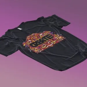 Black shirt with colorful abstract design on purple background.
