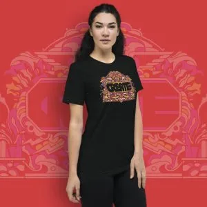 Person modeling 'Create' graphic T-shirt.