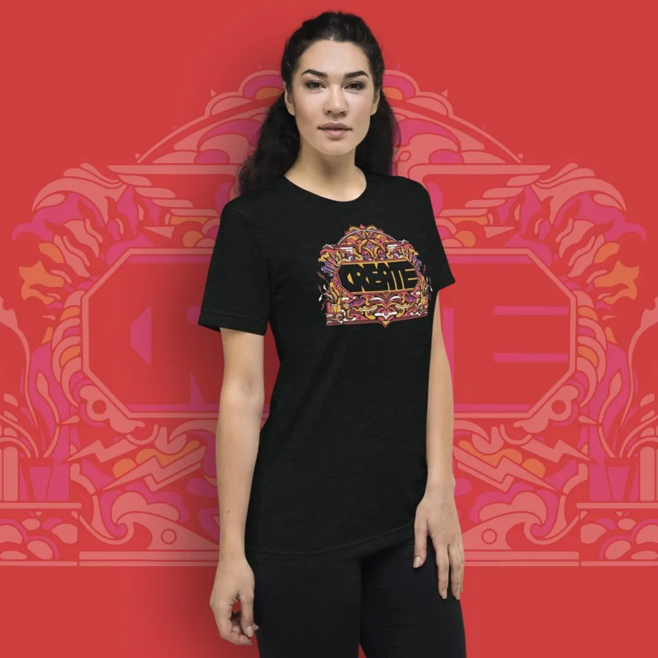 Person modeling 'Create' graphic T-shirt.