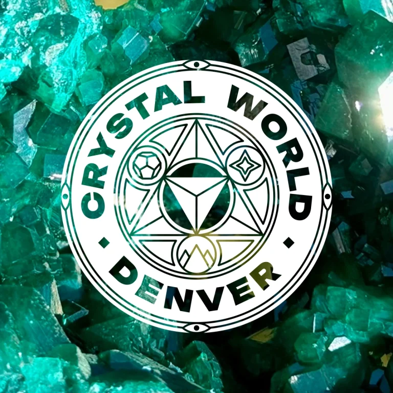 Crystal World Denver logo on green crystals background