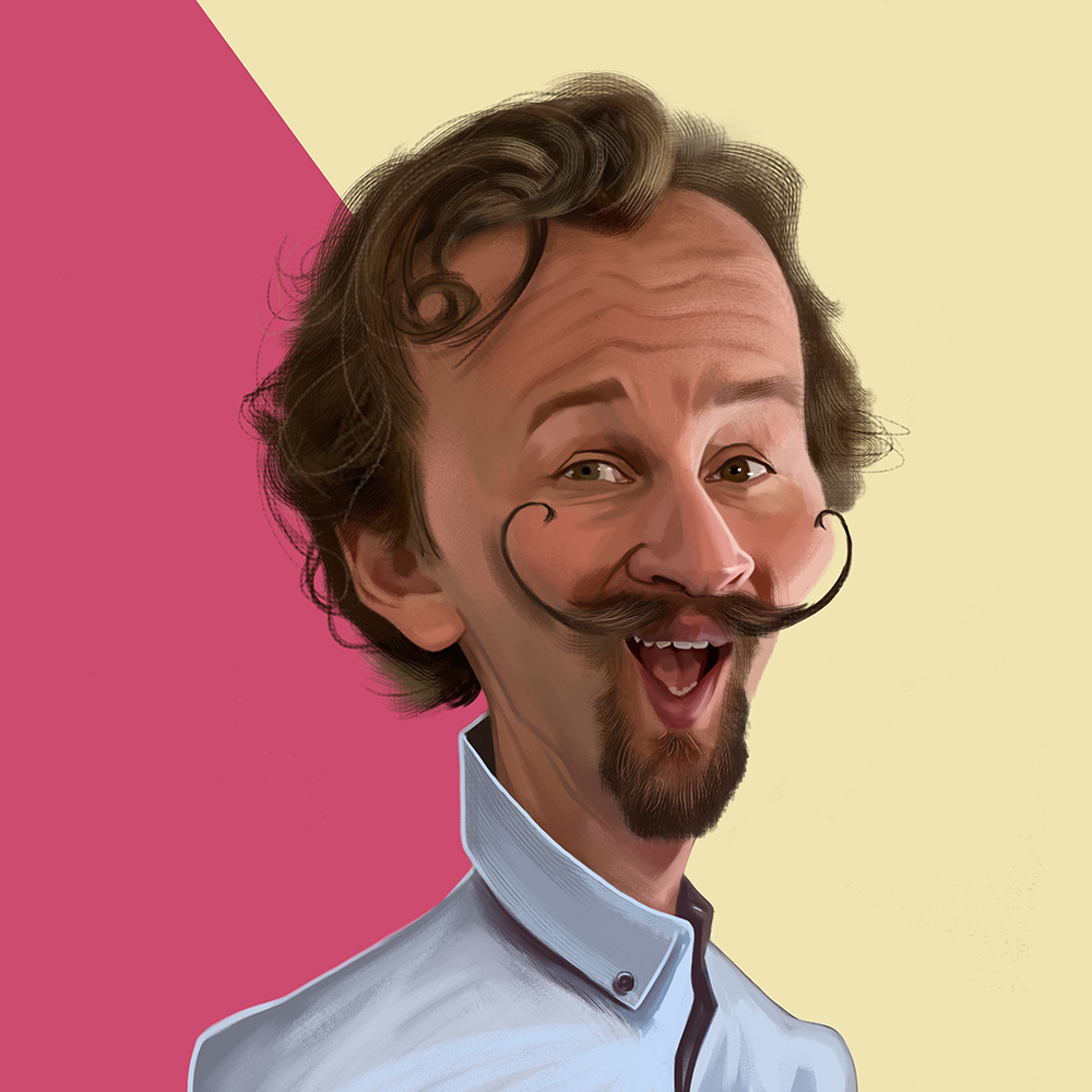 Illustration of man with curly mustache smiling