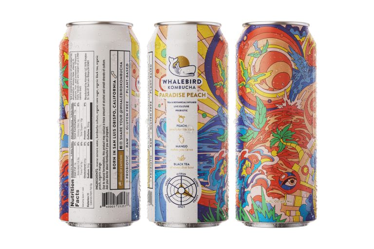 Whalebird Kombucha Paradise Peach colorful cans.