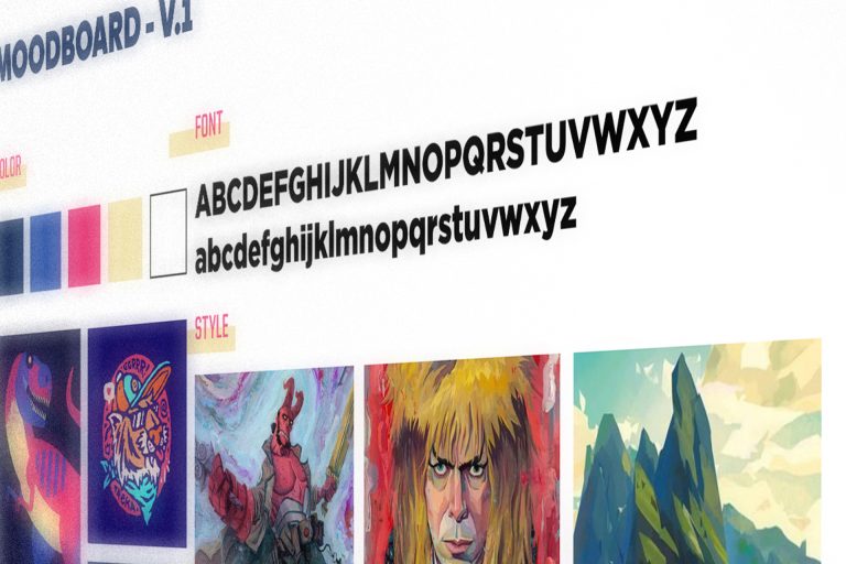 Colorful mood board with font and art designs.
