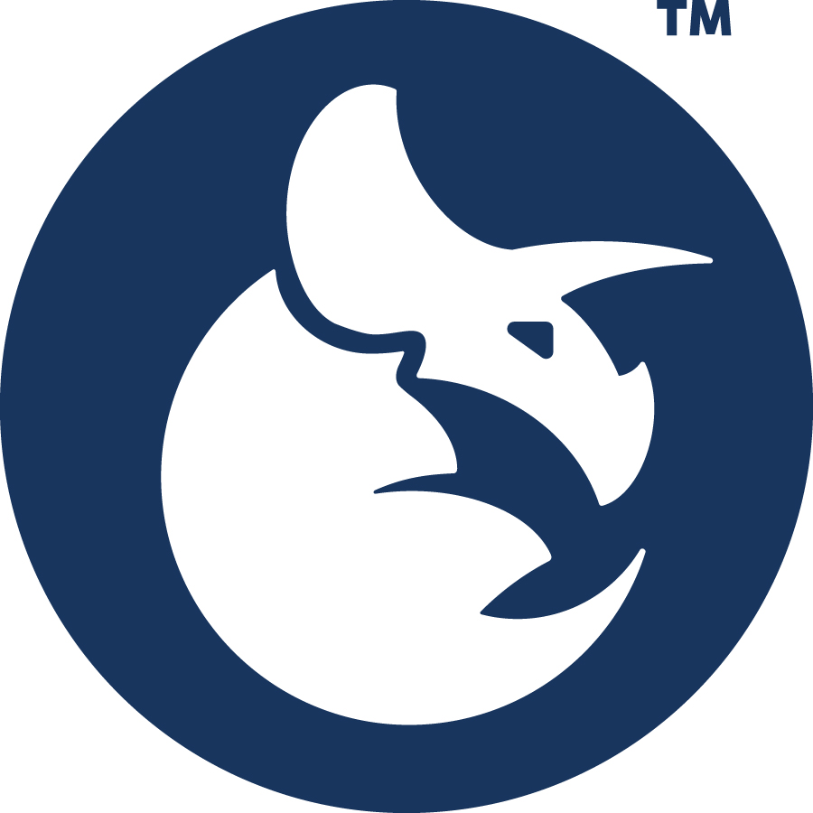 Blue circular logo with stylized rhinoceros silhouette