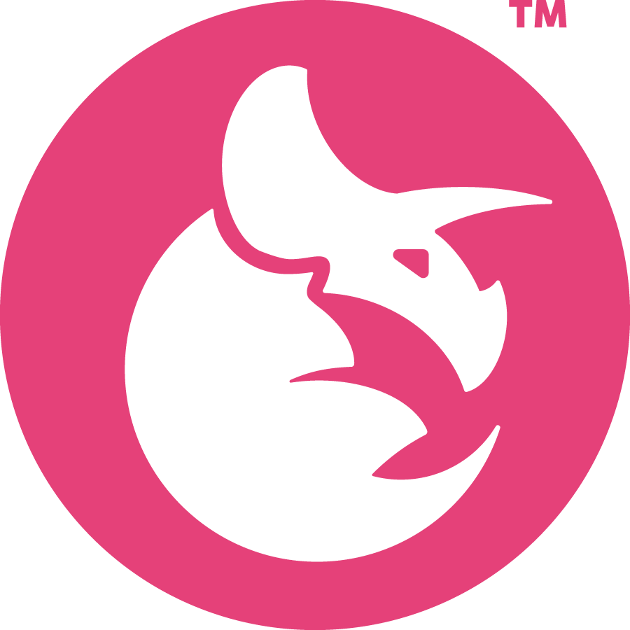 Pink dragon logo in circular black background