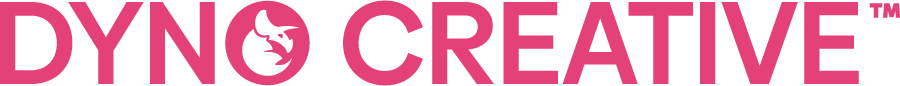 Dyno Creative logo in pink with dinosaur silhouette