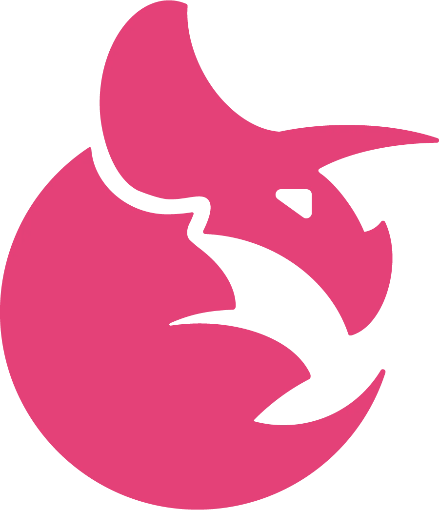 Stylized pink rhinoceros logo on black background