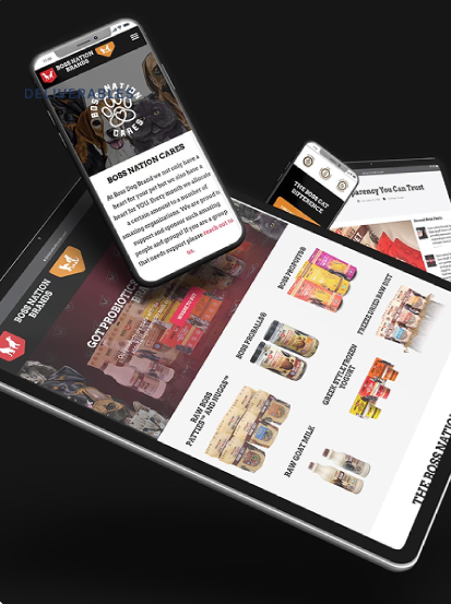 Tablet and phone displaying pet product website.