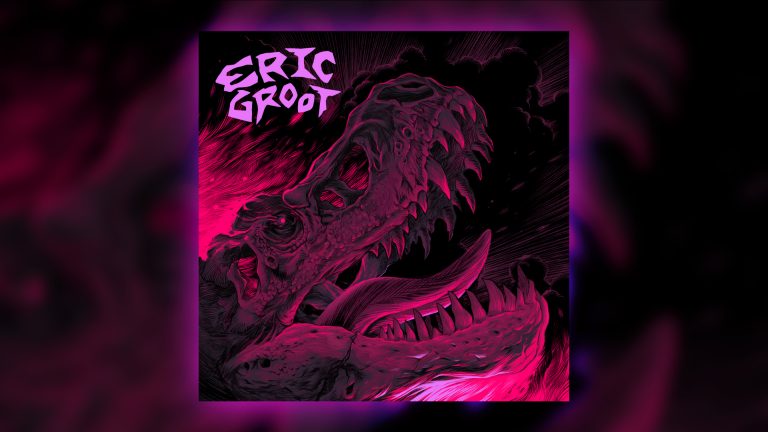 Stylized dinosaur skull in vibrant pink and black.