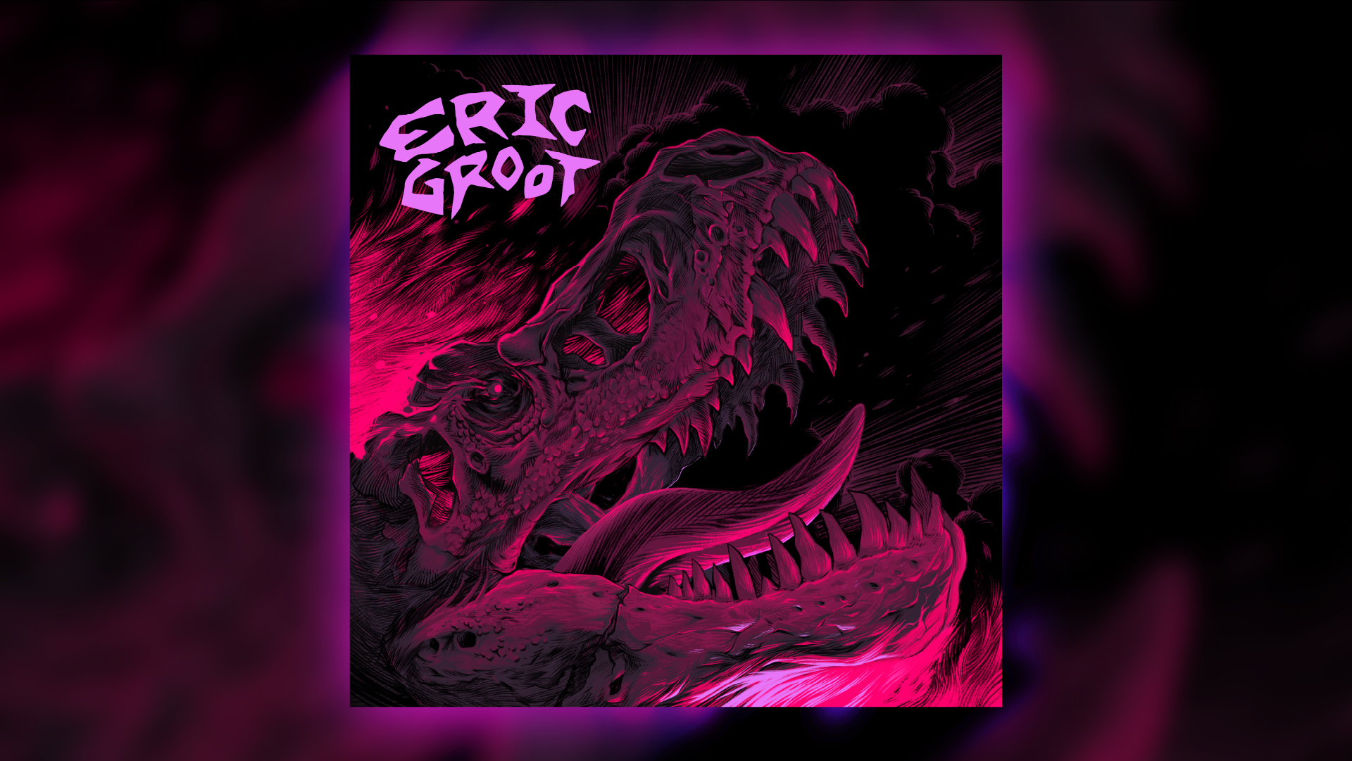 Stylized dinosaur skull in vibrant pink and black.