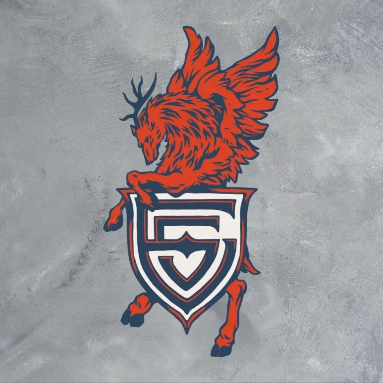 Red winged creature crest logo with letter S shield