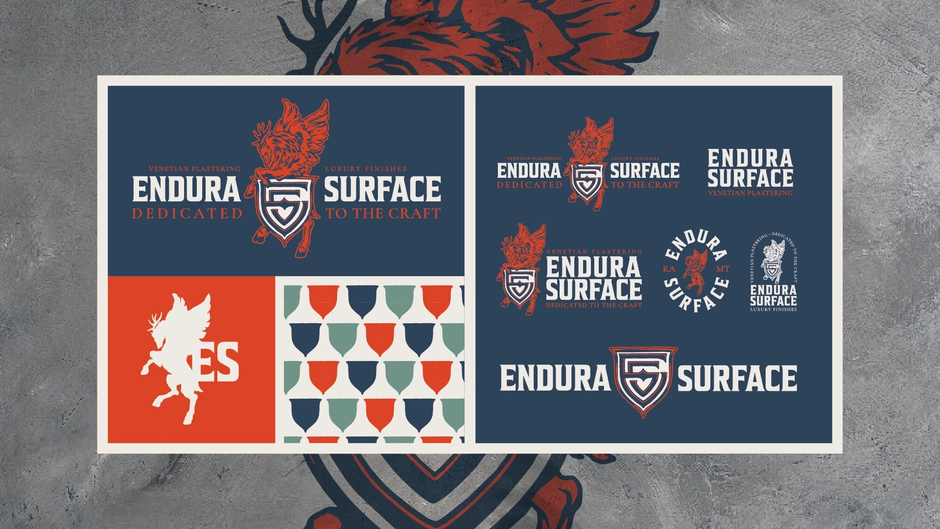 Endura Surface brand logos with Venetian plastering motifs