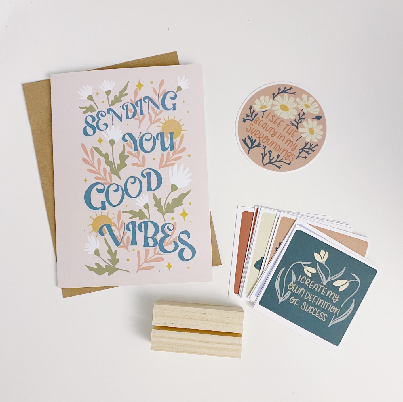 Inspirational greeting cards and stickers with floral designs