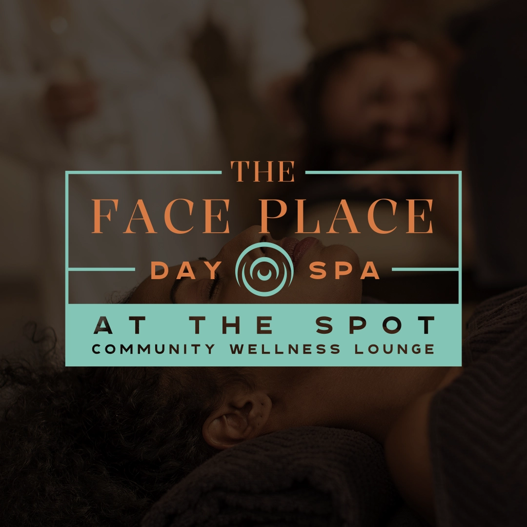 The Face Place Day Spa logo on serene background.