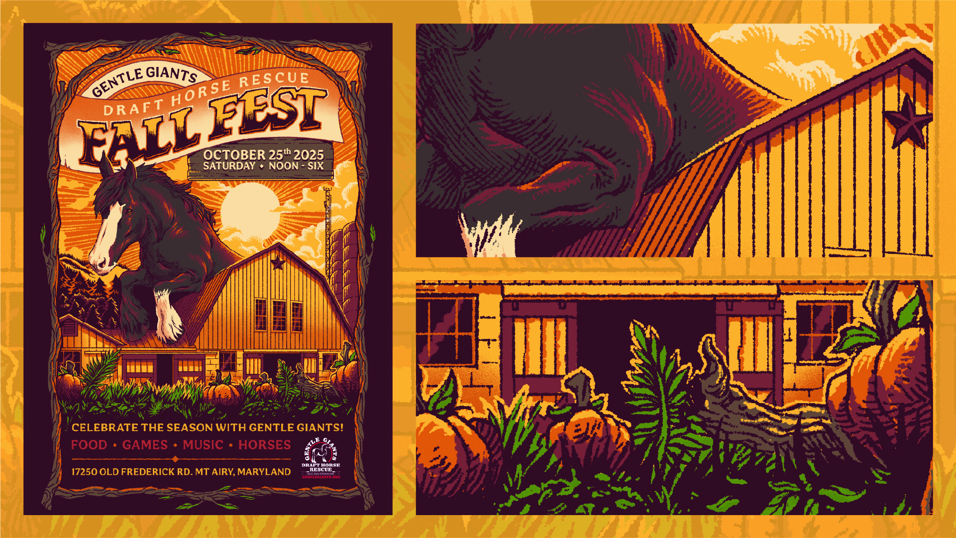 Draft Horse Rescue Fall Fest poster, farm and pumpkins scene.
