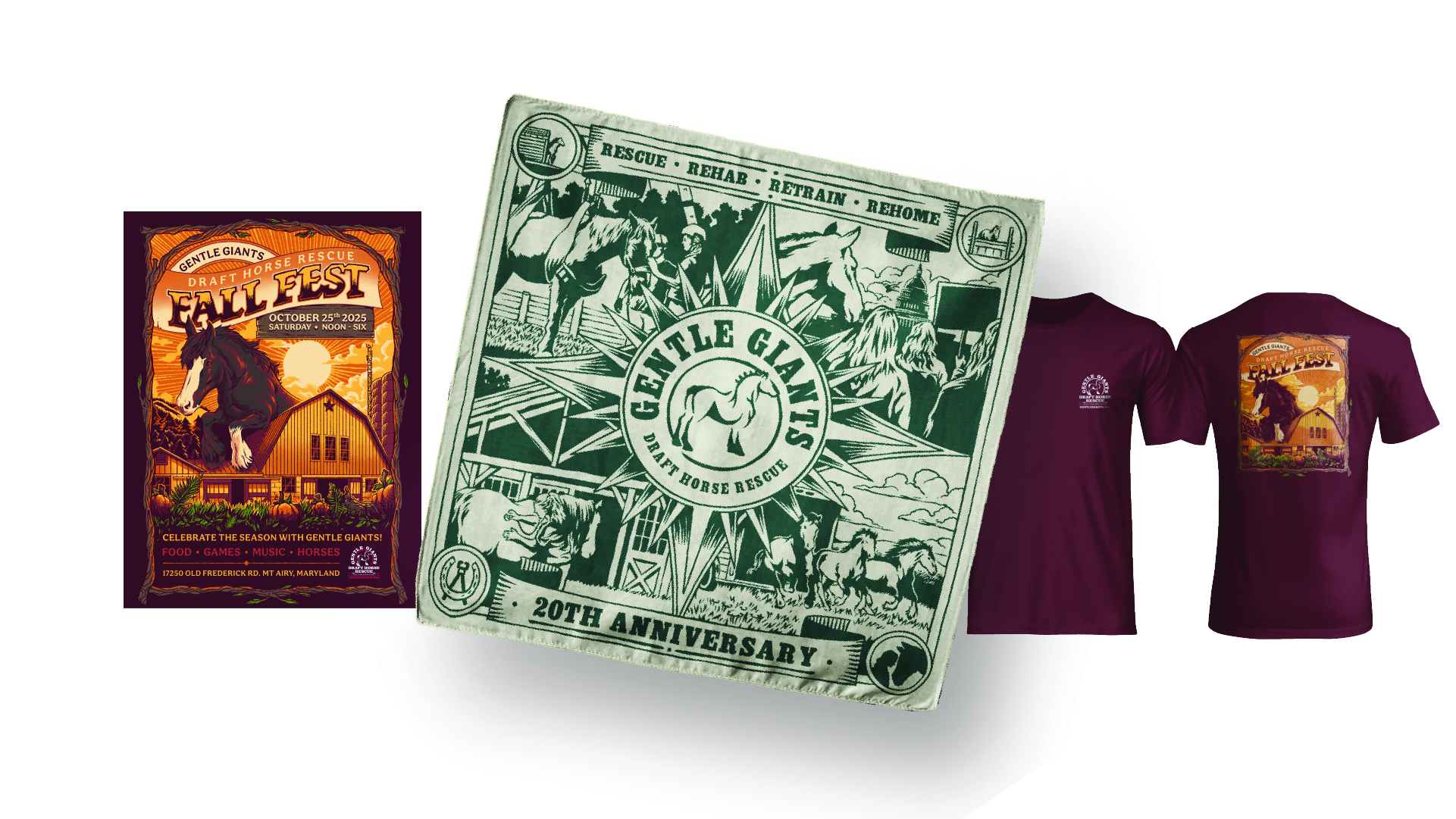 Gentle Giants Fall Fest poster and merchandise display.