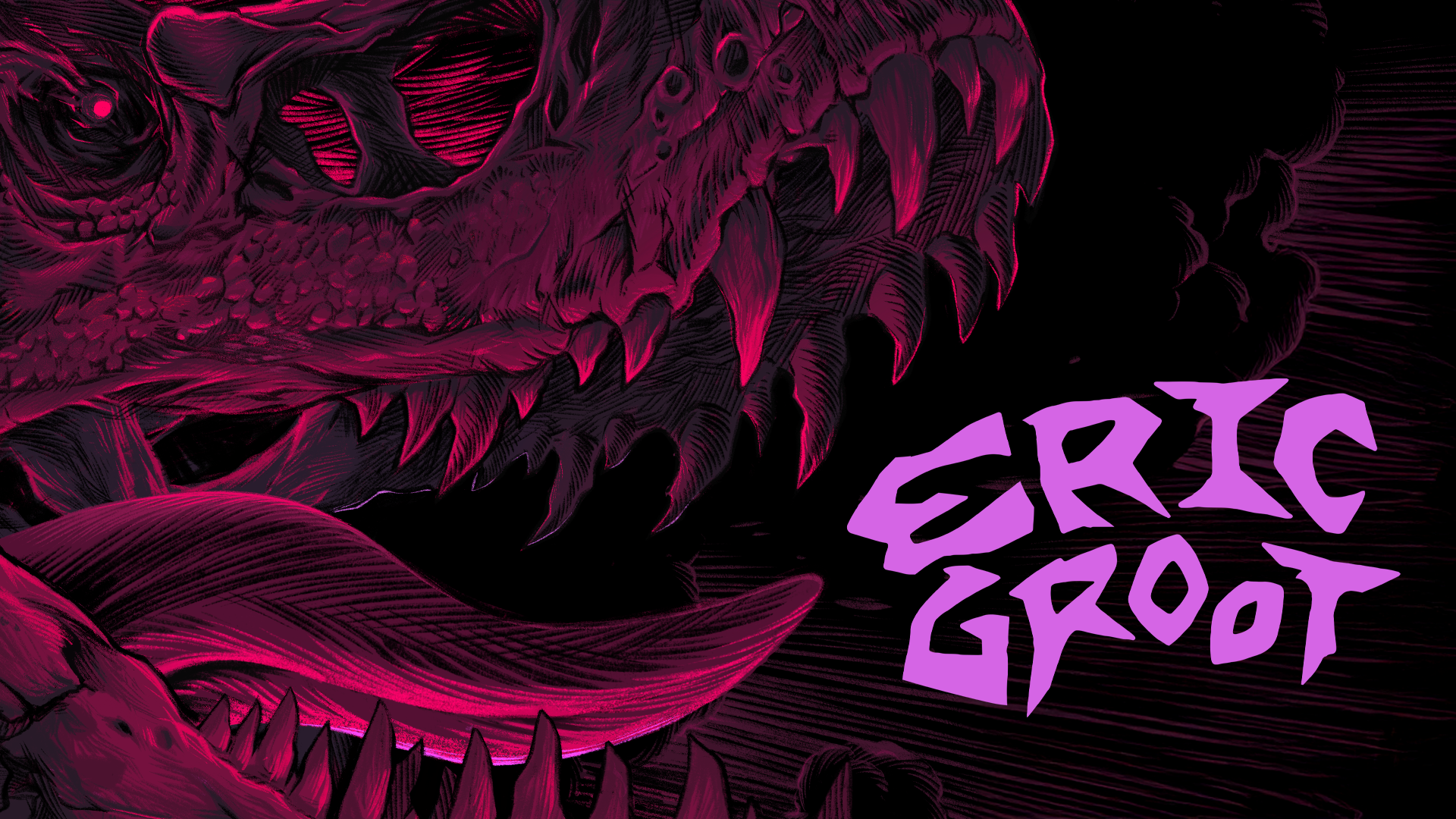Pink dinosaur snarling with text highlighting details