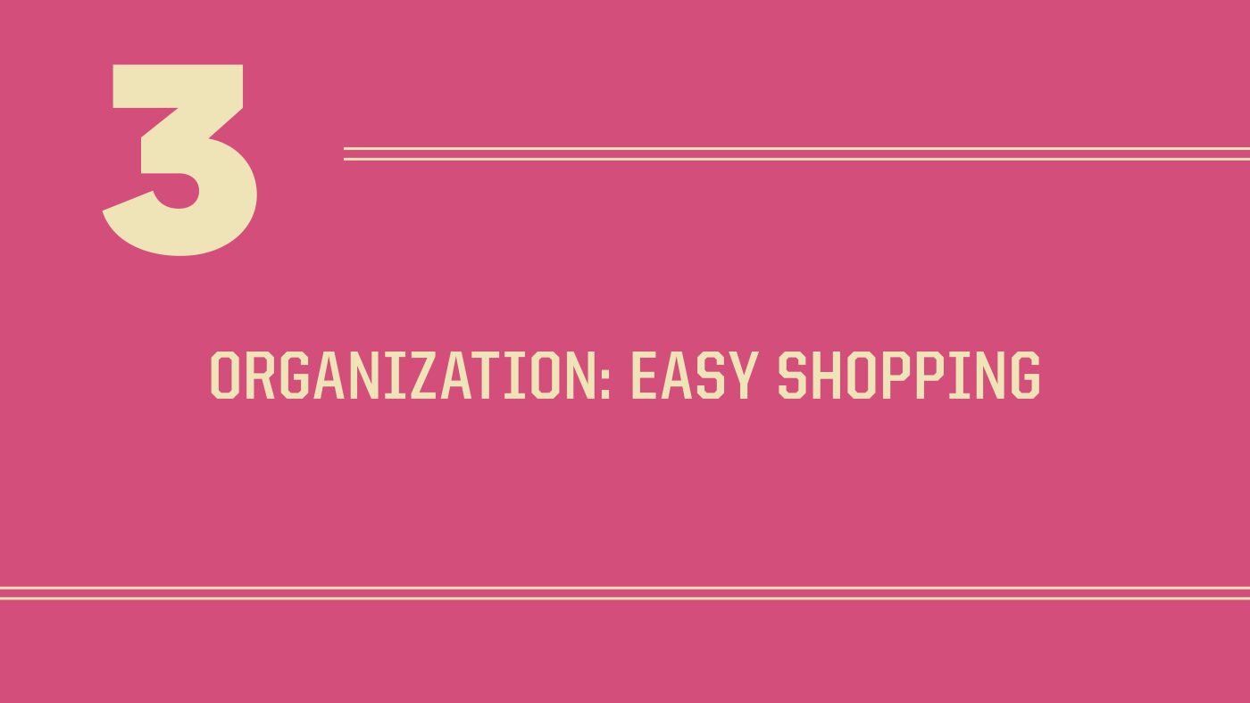 Graphic with text 'Organization: Easy Shopping' and number 3