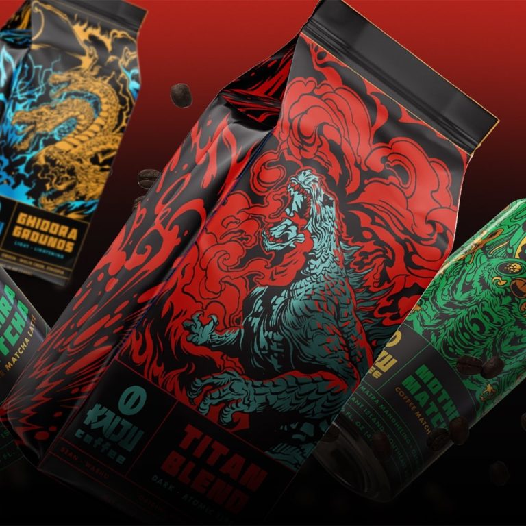 Monster-themed coffee bags featuring Godzilla and dragon artwork