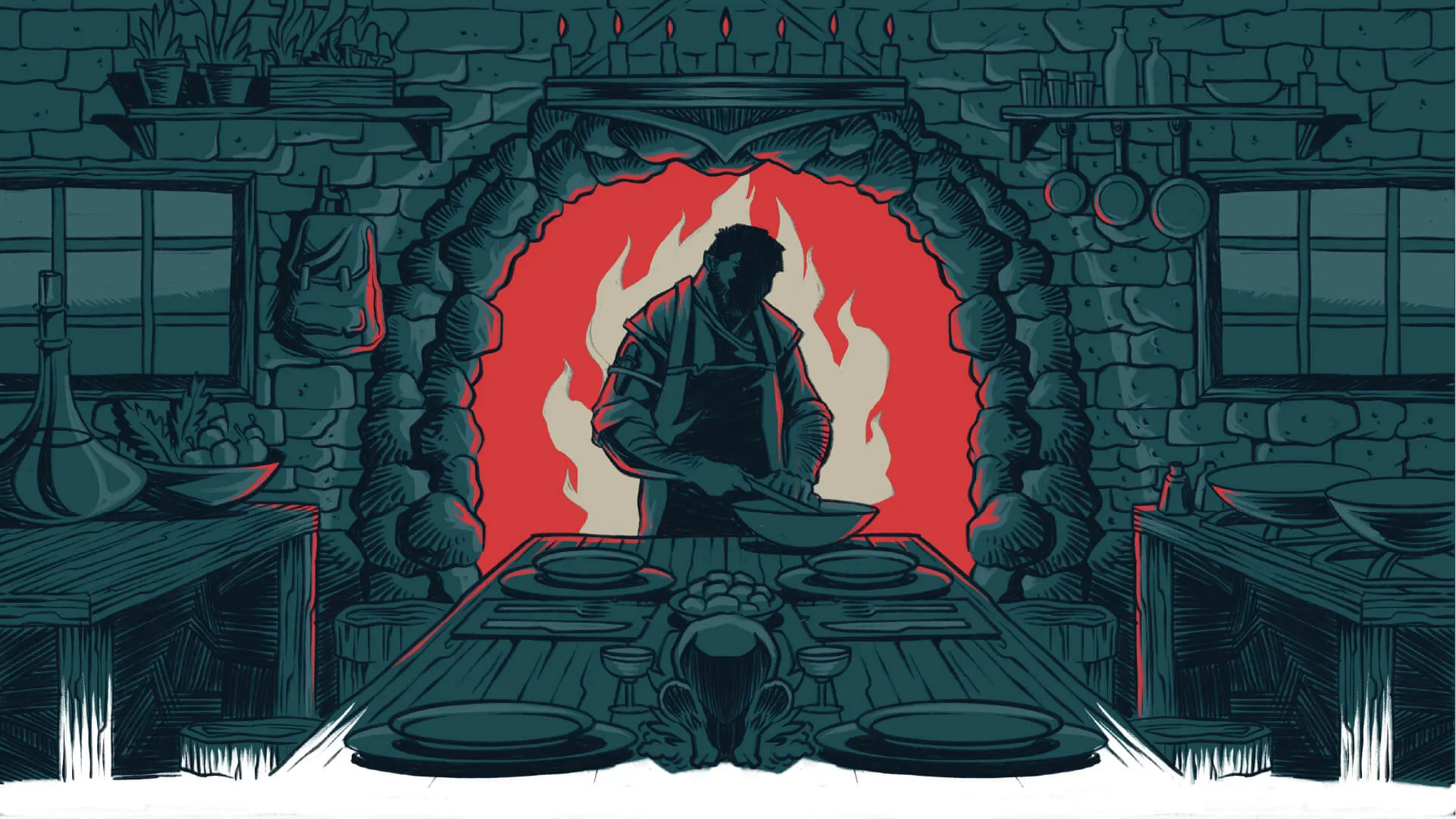 Illustration of chef cooking in fiery kitchen