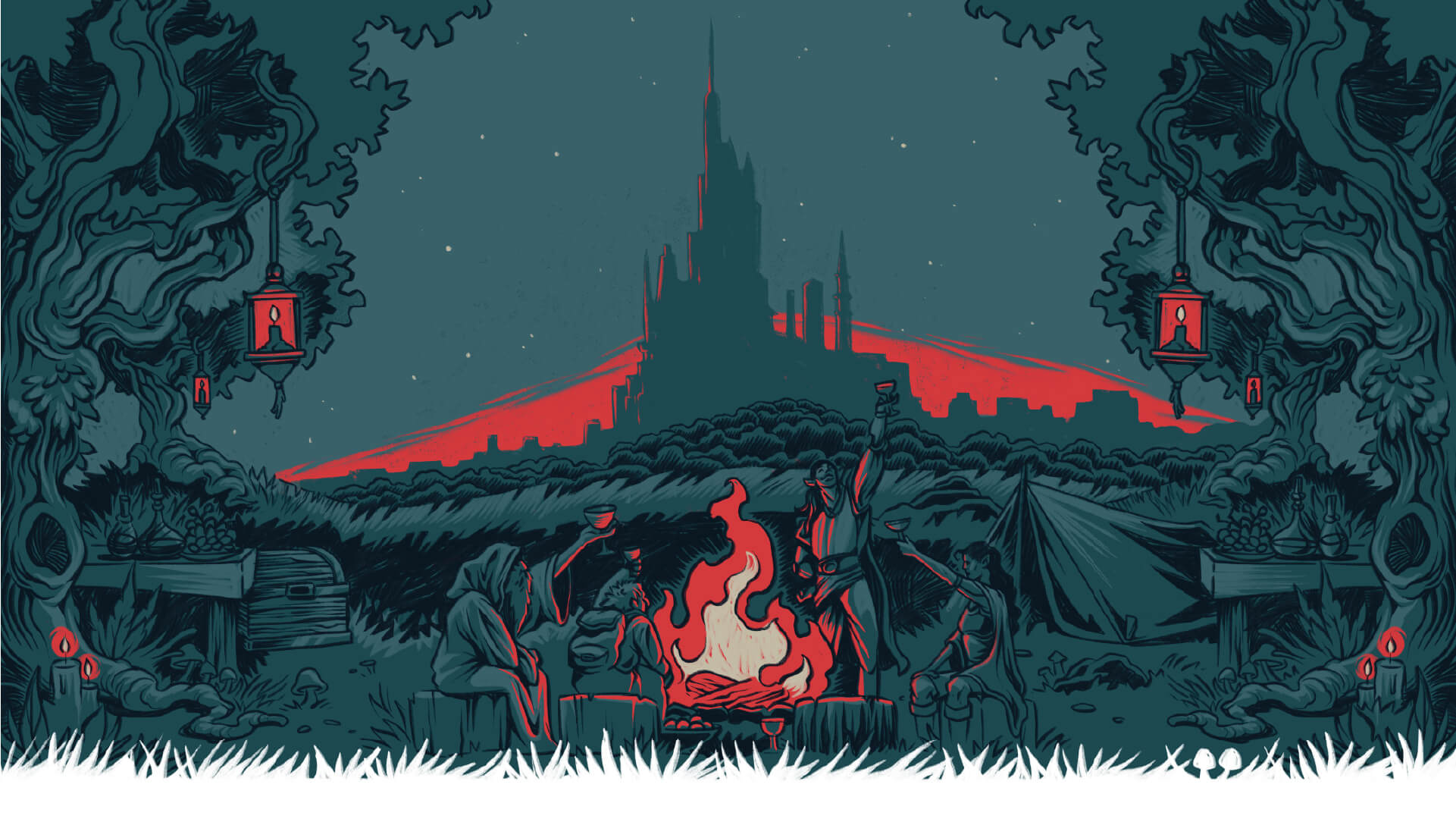 Fantasy group by fire, looming castle silhouette in background