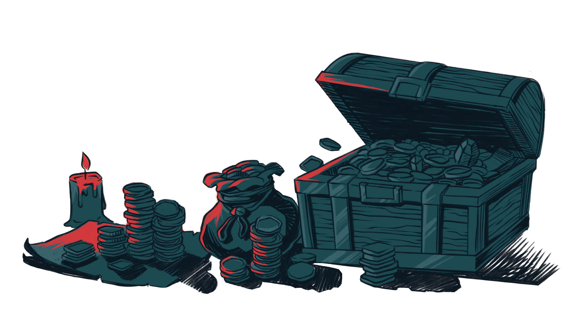 Illustration of treasure chest with coins and candle