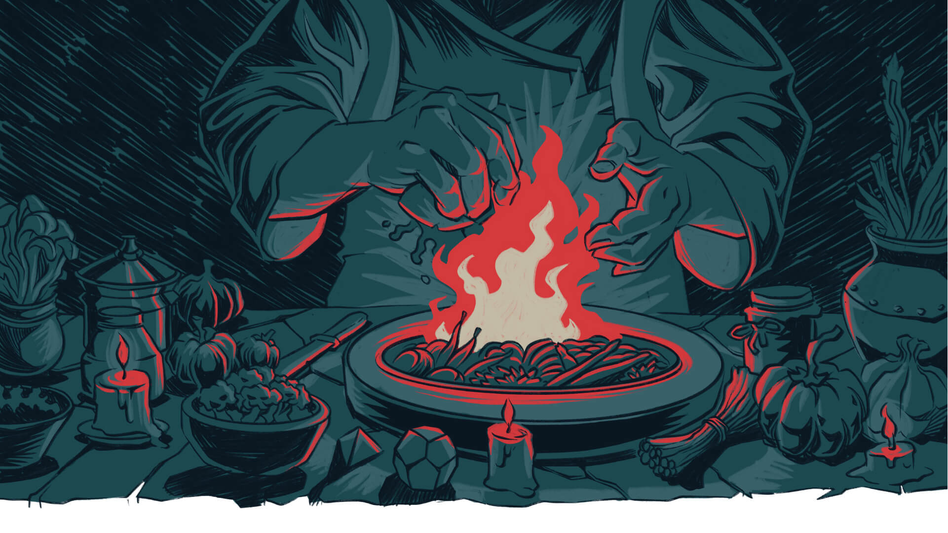 Illustration of person cooking outdoors under rain