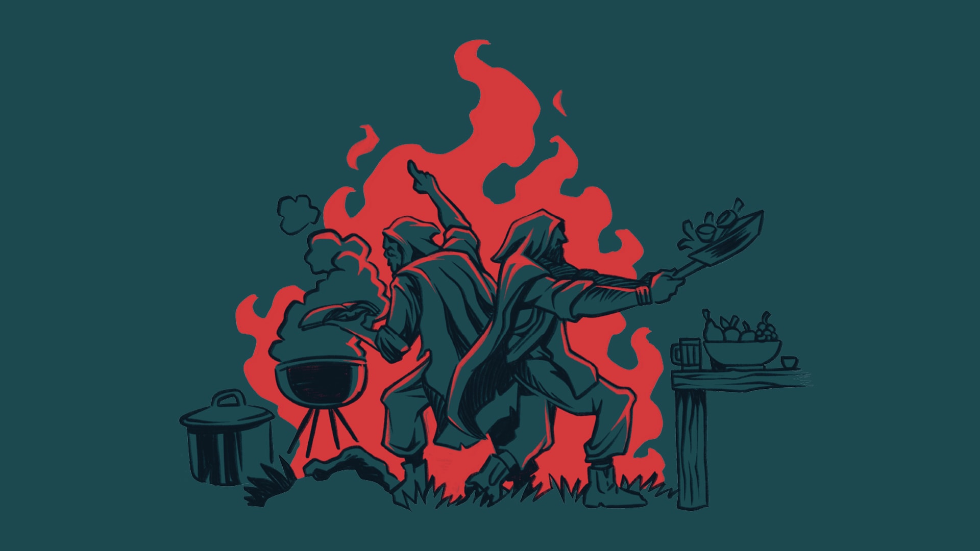 Illustration of wizards cooking over magical fire
