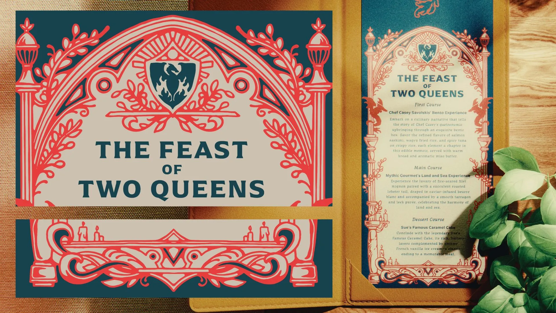 Vintage menu design titled 'The Feast of Two Queens'