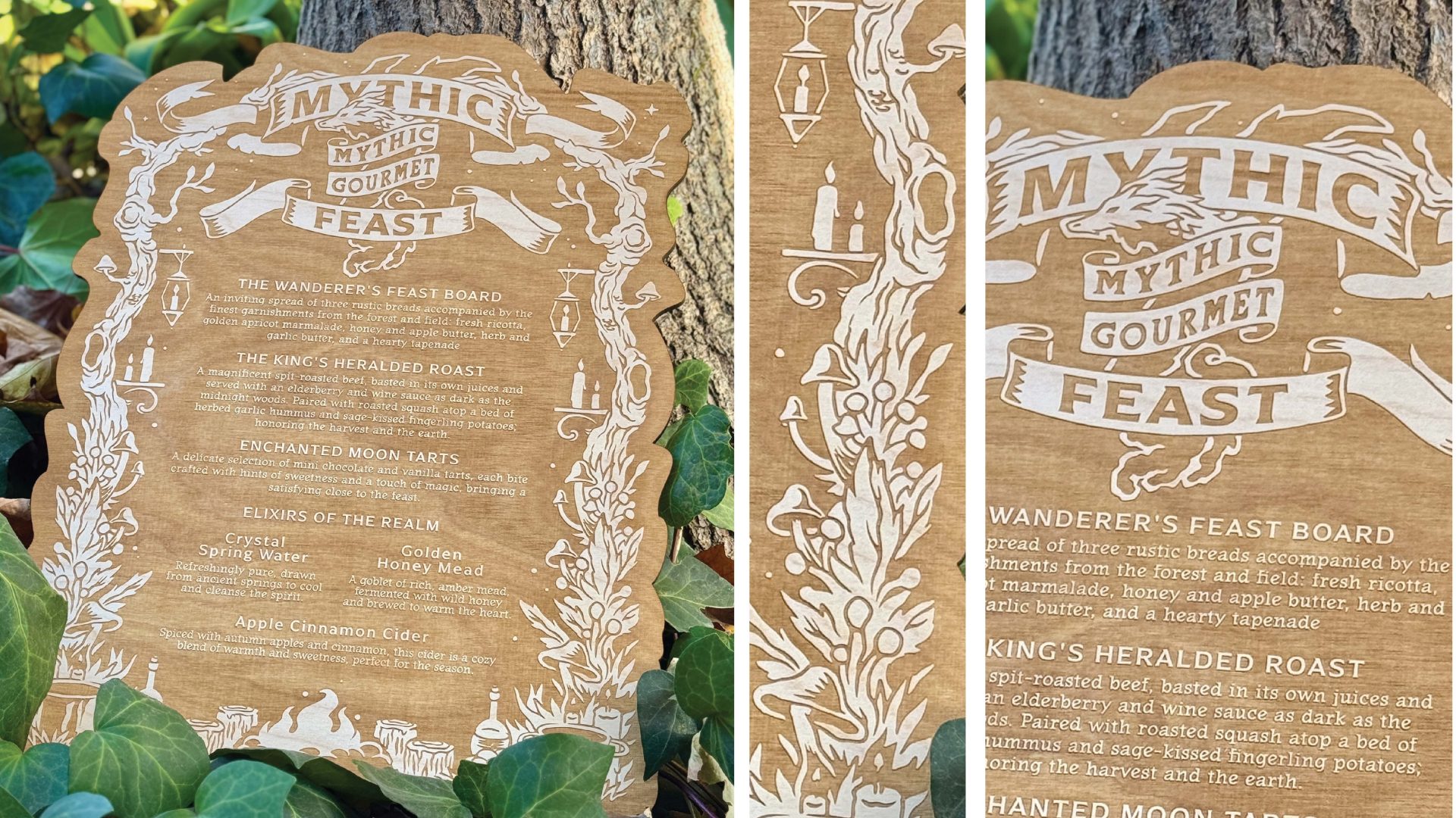 Carved wooden menu boards for Mythic Gourmet Feast