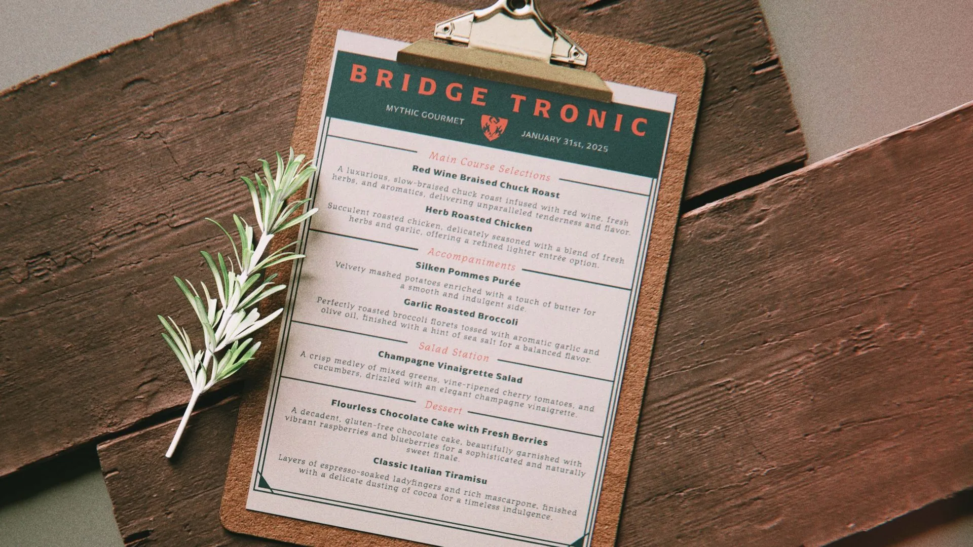 Gourmet menu on clipboard with rosemary sprig