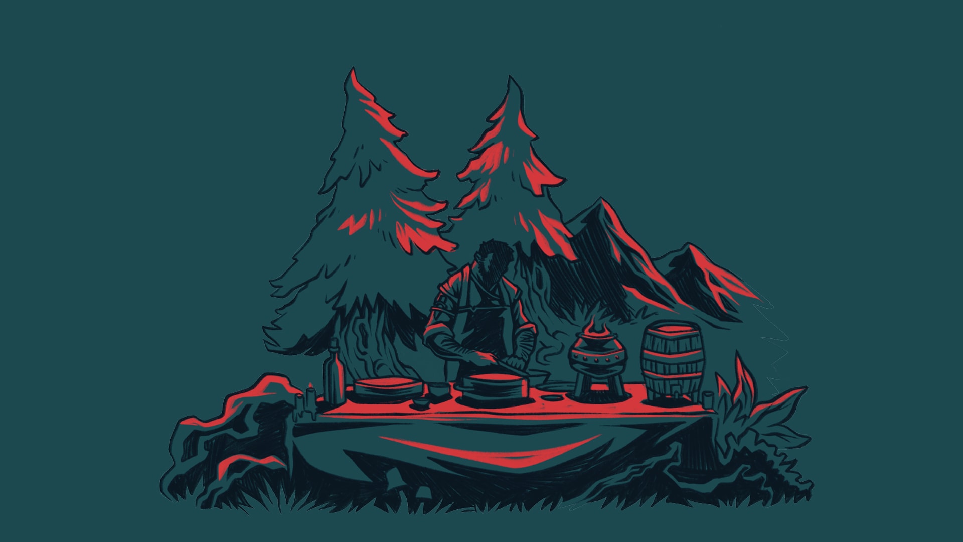 Man cooking outdoors in forest at night