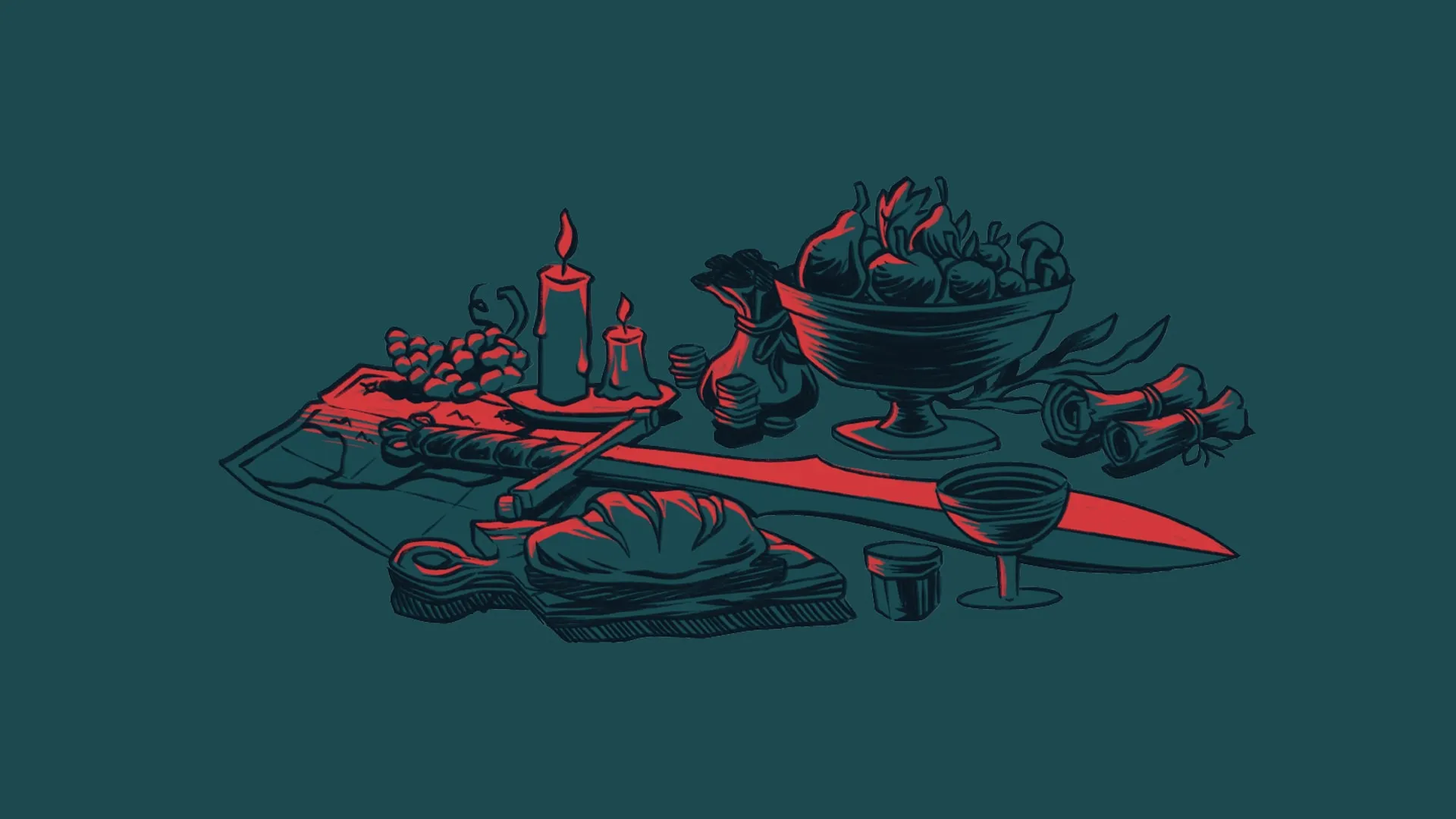 Vintage red and teal festive feast illustration