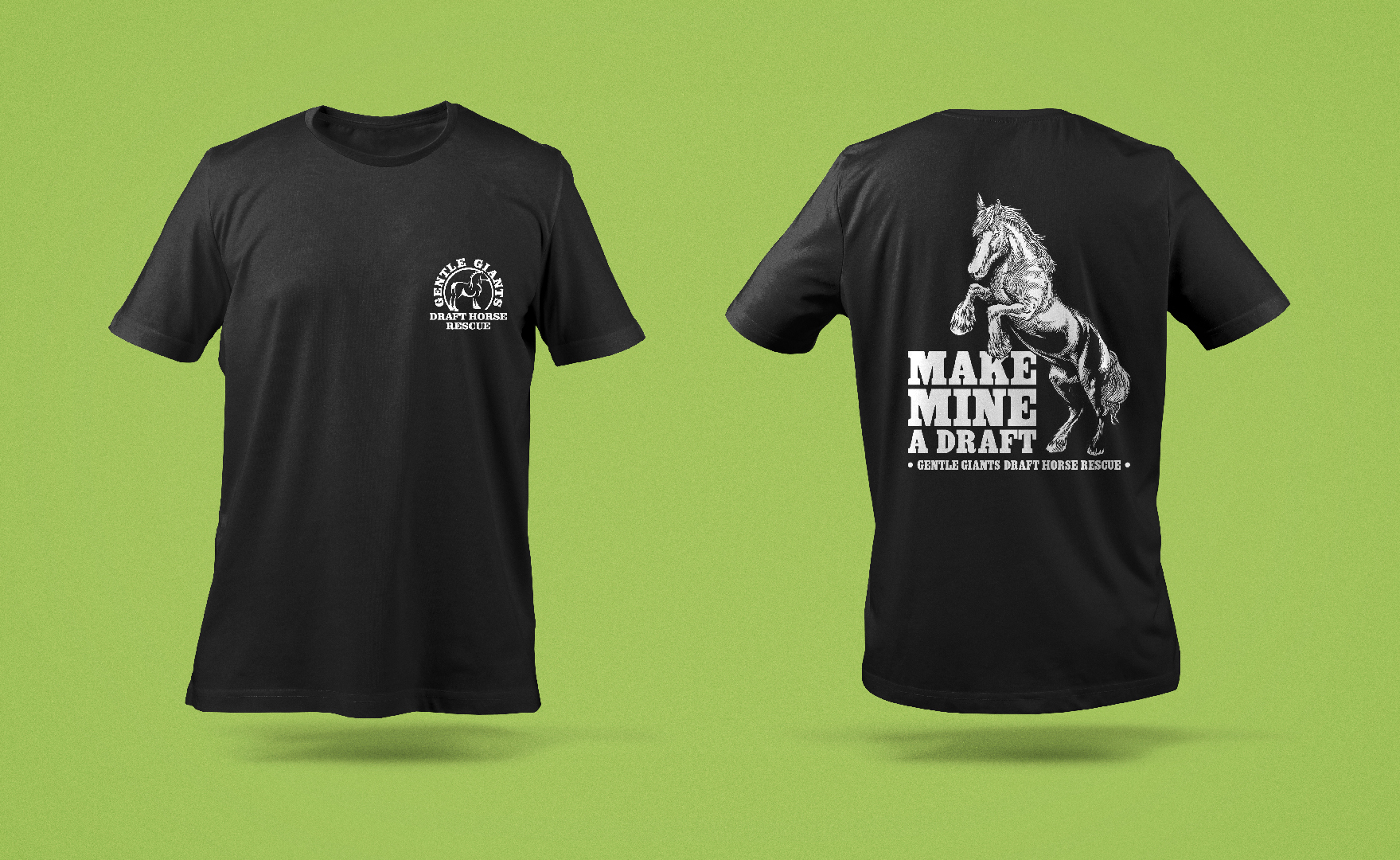 Black t-shirt with horse rescue design.
