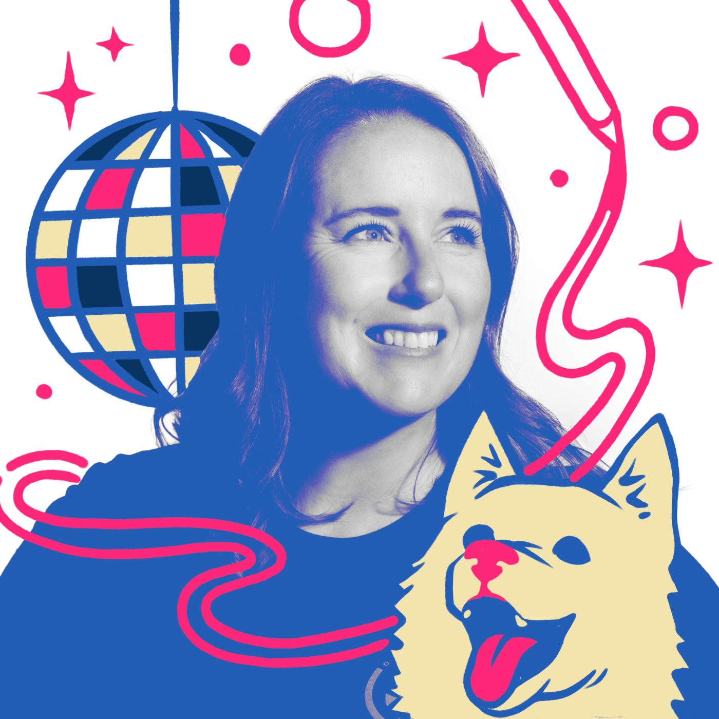 Woman smiling with graphic designs and a dog illustration