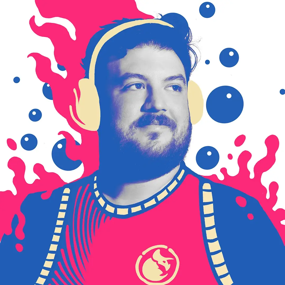 Man wearing headphones with colorful abstract background.