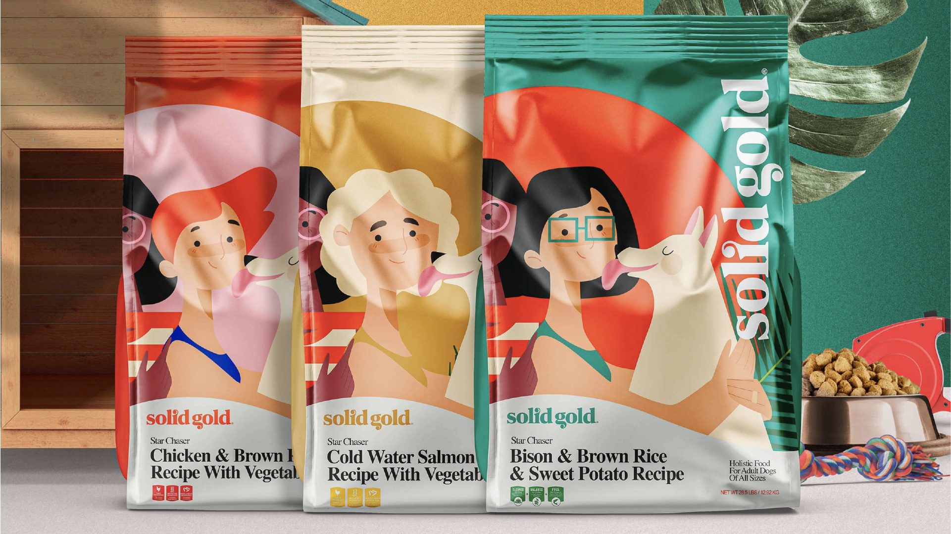 Colorful Solid Gold dog food packaging