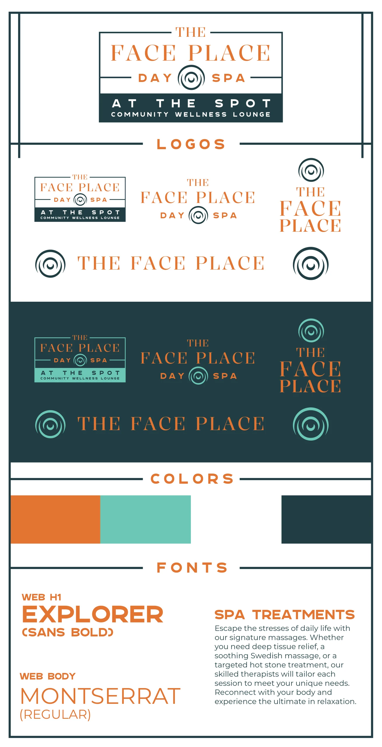 The Face Place Day Spa branding and treatments overview.