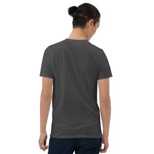 Back view of person wearing dark heather gray t-shirt
