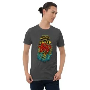 Man wearing gray graphic tee with monster design